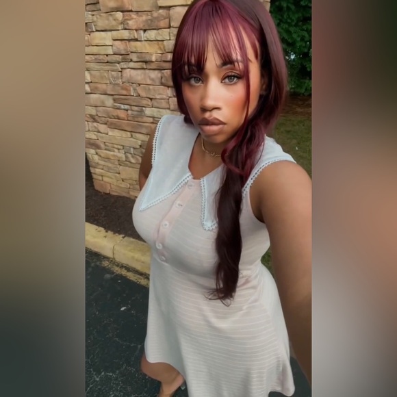 BLUSH STRIPES LACE SHOULDER DETAIL MID BUTTON DOWN RUFFLE DRESS - Picture 1 of 4